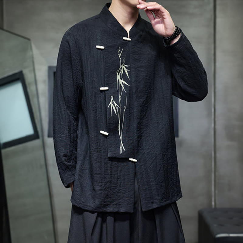 Camisa de lino y algodón de manga larga para hombre con bordado de hojas de bambú de color liso y Buddha Stones - image 18