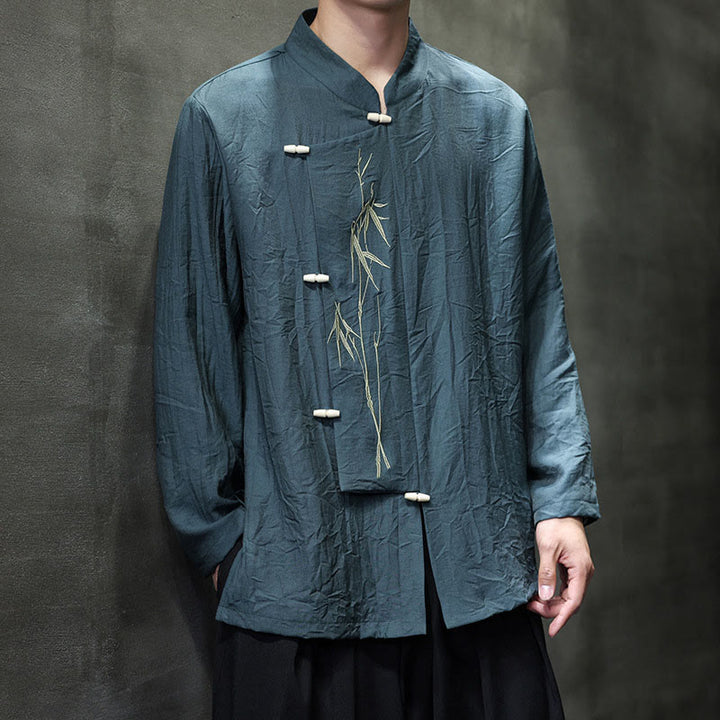 Camisa de lino y algodón de manga larga para hombre con bordado de hojas de bambú de color liso y Buddha Stones - image 23