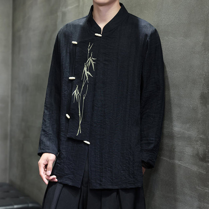 Camisa de lino y algodón de manga larga para hombre con bordado de hojas de bambú de color liso y Buddha Stones - image 20