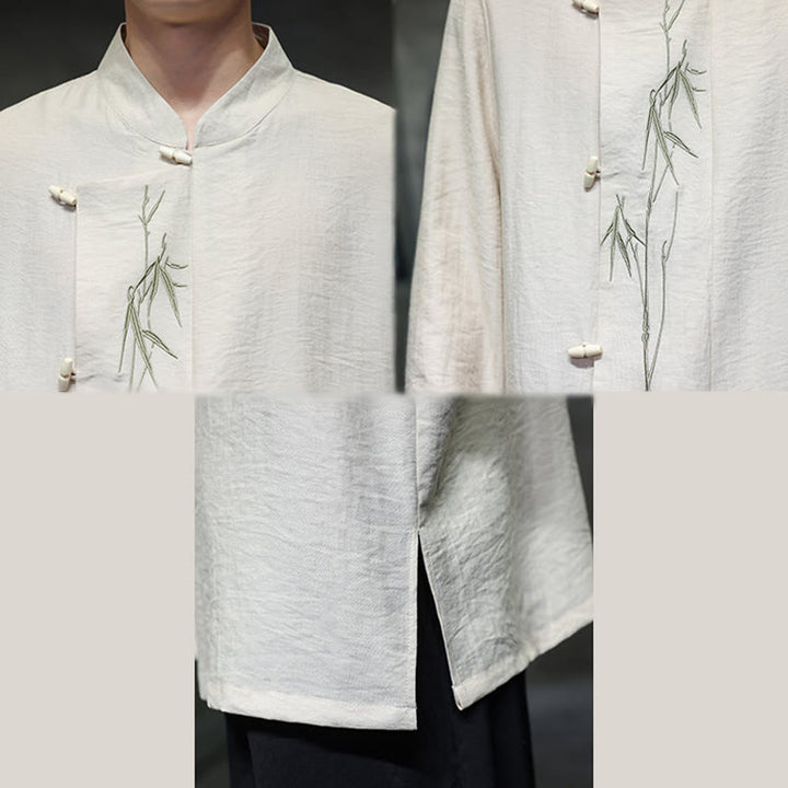 Camisa de lino y algodón de manga larga para hombre con bordado de hojas de bambú de color liso y Buddha Stones - image 15
