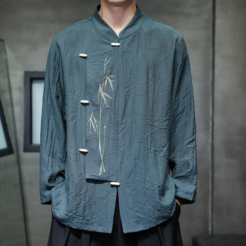 Camisa de lino y algodón de manga larga para hombre con bordado de hojas de bambú de color liso y Buddha Stones - image 22