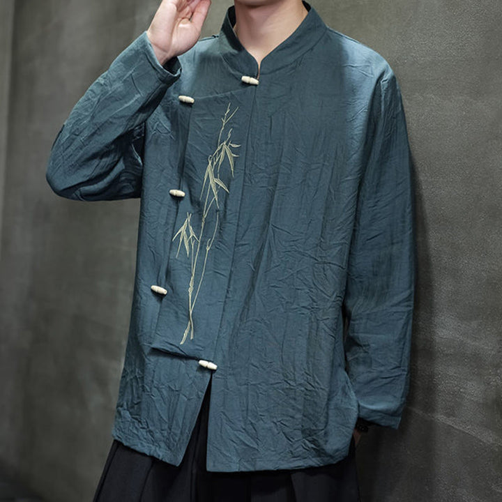 Camisa de lino y algodón de manga larga para hombre con bordado de hojas de bambú de color liso y Buddha Stones - image 26