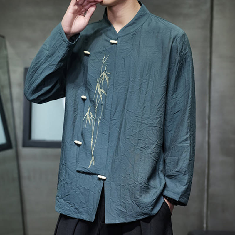 Camisa de lino y algodón de manga larga para hombre con bordado de hojas de bambú de color liso y Buddha Stones - image 25