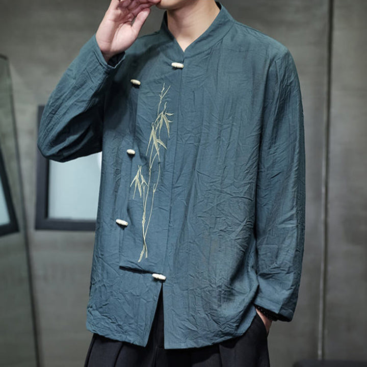 Camisa de lino y algodón de manga larga para hombre con bordado de hojas de bambú de color liso y Buddha Stones - image 25