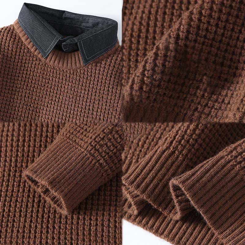 Suéter de punto de manga larga para hombre, cálido, con cuello alto y estampado de gofres, color negro, de Buddha Stones, para invierno - image 5