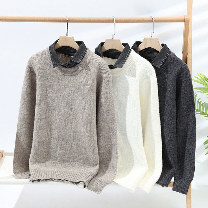 Suéter de punto de manga larga para hombre, cálido, con estampado a cuadros y cuello alto negro de Buddha Stones, para invierno - image 6