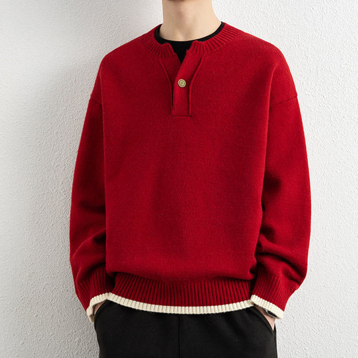 Suéter de punto de manga larga para hombre, cálido, con cuello en V y un botón, de invierno , con Buddha Stones - Rojo - US/UK/AU44, EU54 (4XL) - image 15