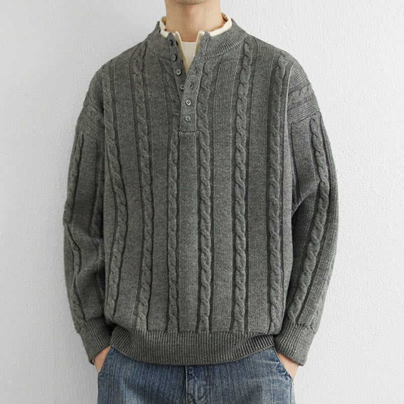 Suéter de punto de manga larga para hombre, cálido, con cuello en V, botones y diseño retorcido, de Buddha Stones, para invierno - image 7