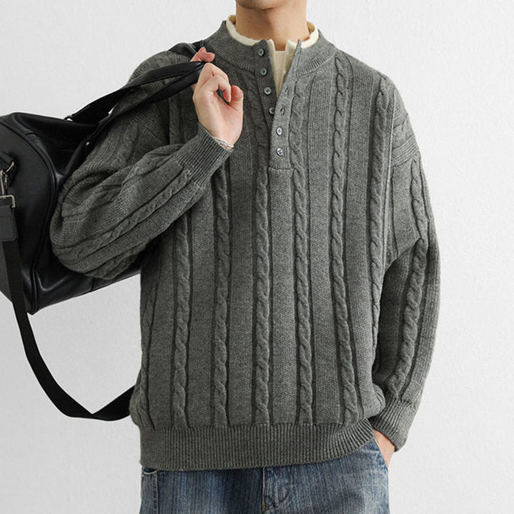 Suéter de punto de manga larga para hombre, cálido, con cuello en V, botones y diseño retorcido, de Buddha Stones, para invierno - image 10