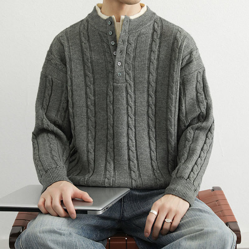 Suéter de punto de manga larga para hombre, cálido, con cuello en V, botones y diseño retorcido, de Buddha Stones, para invierno - image 11