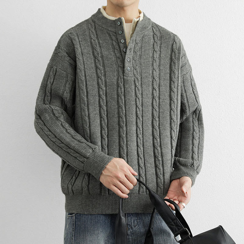 Suéter de punto de manga larga para hombre, cálido, con cuello en V, botones y diseño retorcido, de Buddha Stones, para invierno - image 9