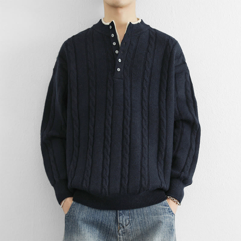 Suéter de punto de manga larga para hombre, cálido, con cuello en V, botones y diseño retorcido, de Buddha Stones, para invierno - Azul medianoche - US/UK/AU44, EU54 (4XL) - image 0