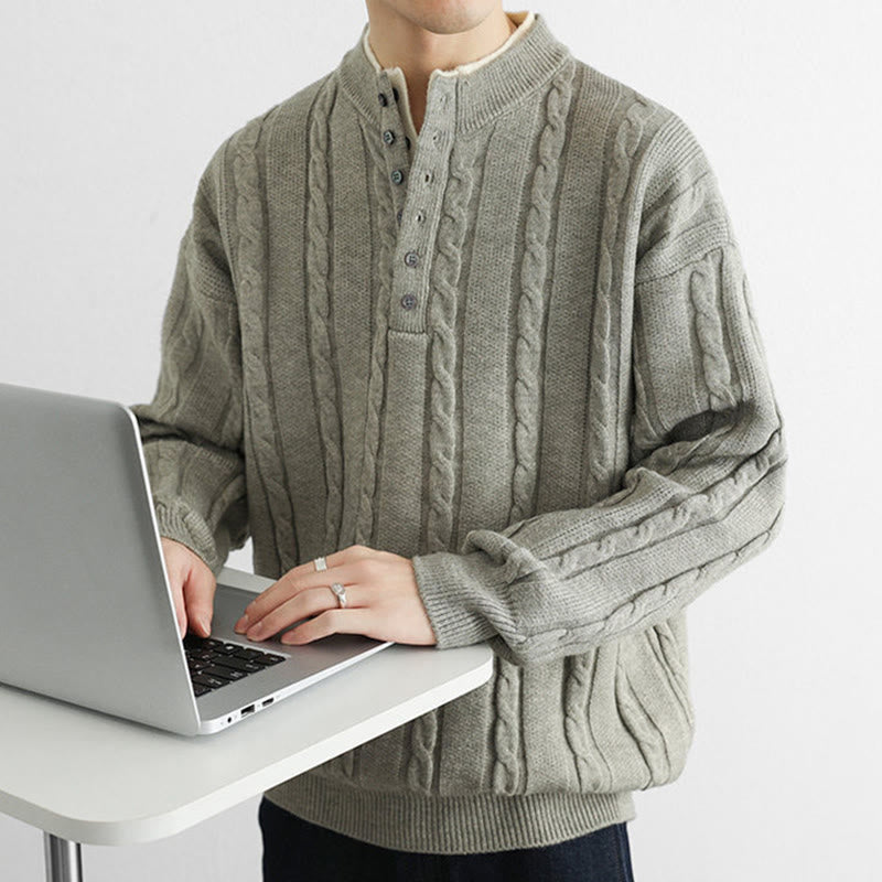 Suéter de punto de manga larga para hombre, cálido, con cuello en V, botones y diseño retorcido, de Buddha Stones, para invierno - image 18