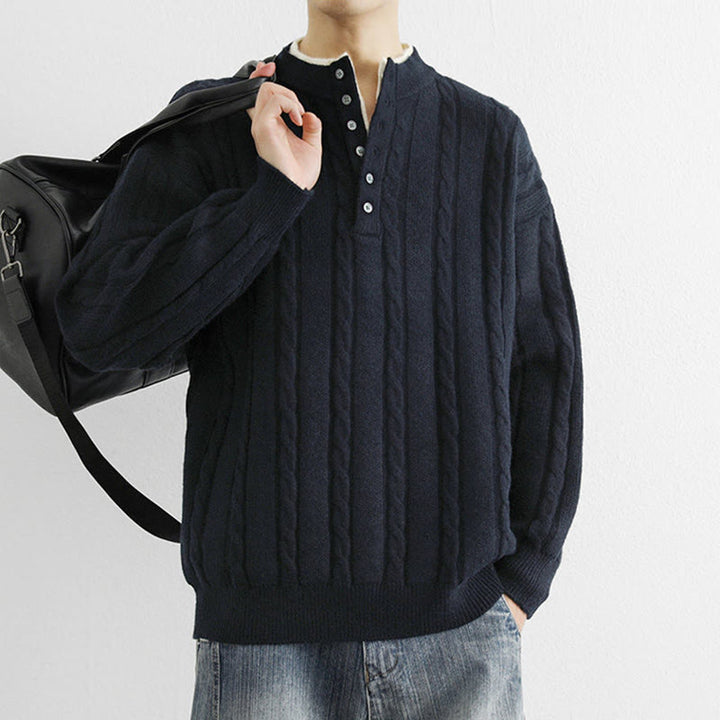 Suéter de punto de manga larga para hombre, cálido, con cuello en V, botones y diseño retorcido, de Buddha Stones, para invierno - image 3
