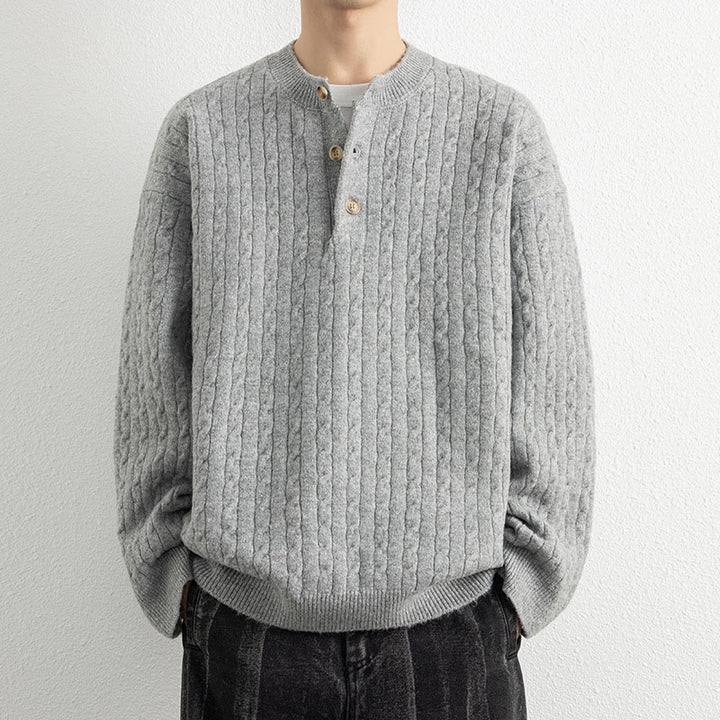 Suéter de punto de manga larga para hombre, cálido, con diseño retorcido, tres botones y cuello redondo de invierno Buddha Stones - Gris claro - US/UK/AU42, EU52 (3XL) - image 11