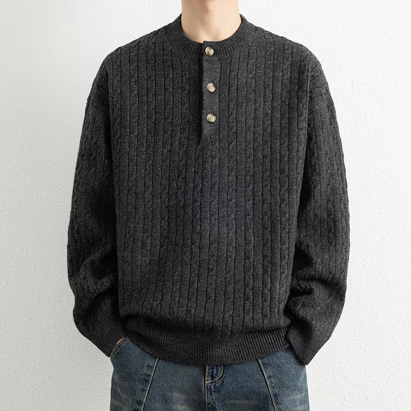 Suéter de punto de manga larga para hombre, cálido, con diseño retorcido, tres botones y cuello redondo de invierno Buddha Stones - Negro - US/UK/AU42, EU52 (3XL) - image 14