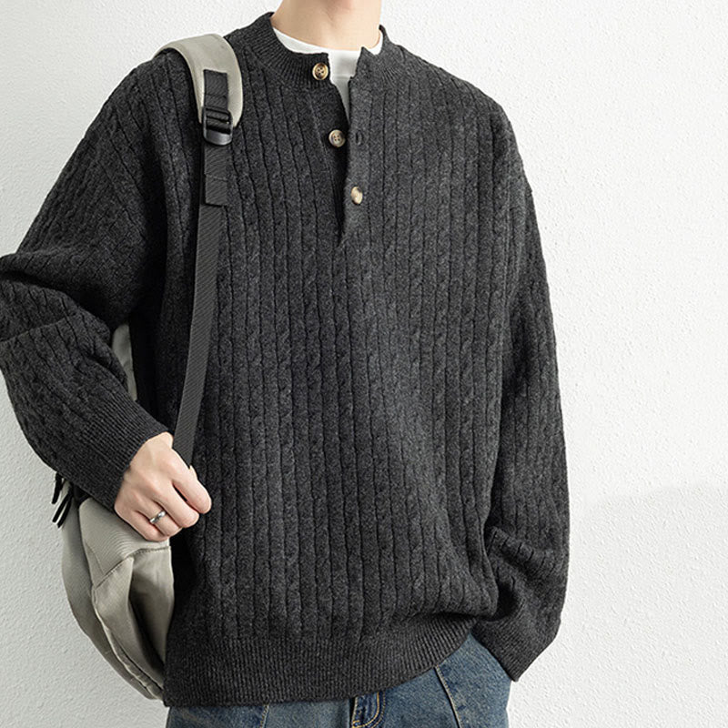 Suéter de punto de manga larga para hombre, cálido, con diseño retorcido, tres botones y cuello redondo de invierno Buddha Stones - image 18