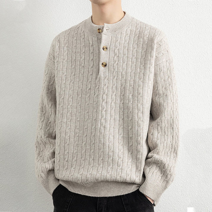 Suéter de punto de manga larga para hombre, cálido, con diseño retorcido, tres botones y cuello redondo de invierno Buddha Stones - image 1
