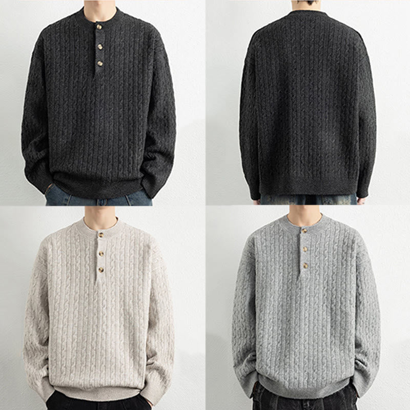 Suéter de punto de manga larga para hombre, cálido, con diseño retorcido, tres botones y cuello redondo de invierno Buddha Stones - image 19