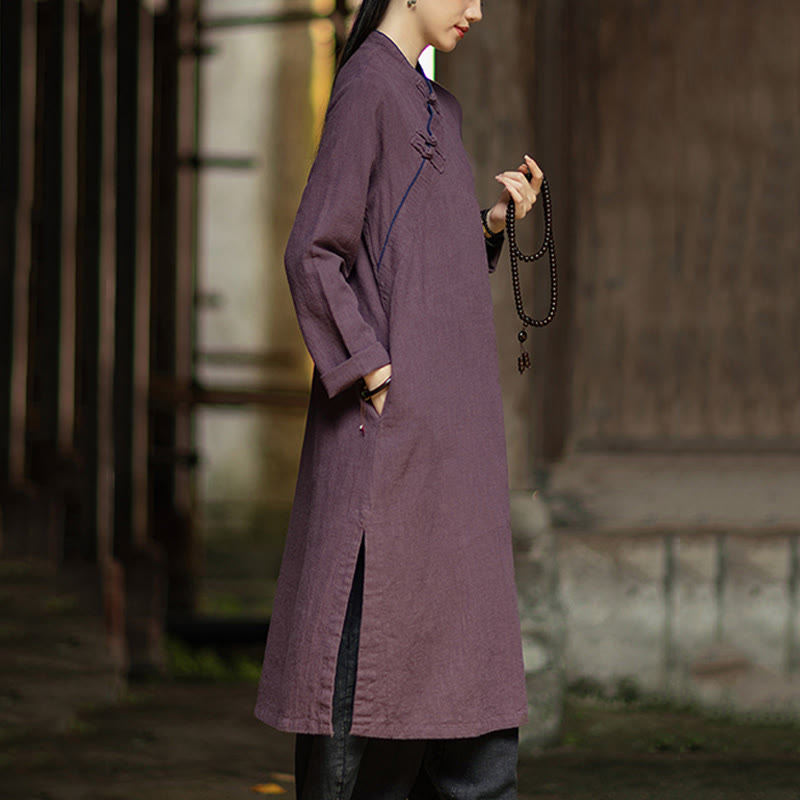 Vestido cheongsam midi de lino y ramio con mangas largas y botones de rana de Buddha Stones y bolsillos - image 17