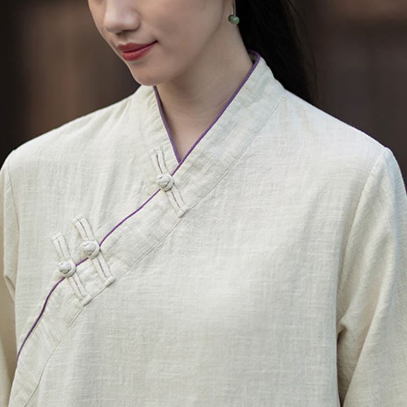 Vestido cheongsam midi de lino y ramio con mangas largas y botones de rana de Buddha Stones y bolsillos - image 14