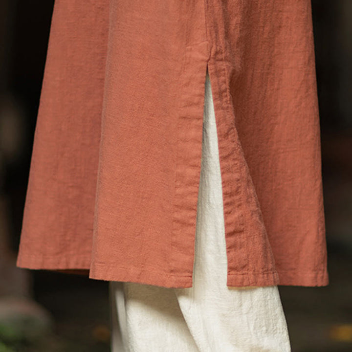 Vestido cheongsam midi de lino y ramio con mangas largas y botones de rana de Buddha Stones y bolsillos - image 7