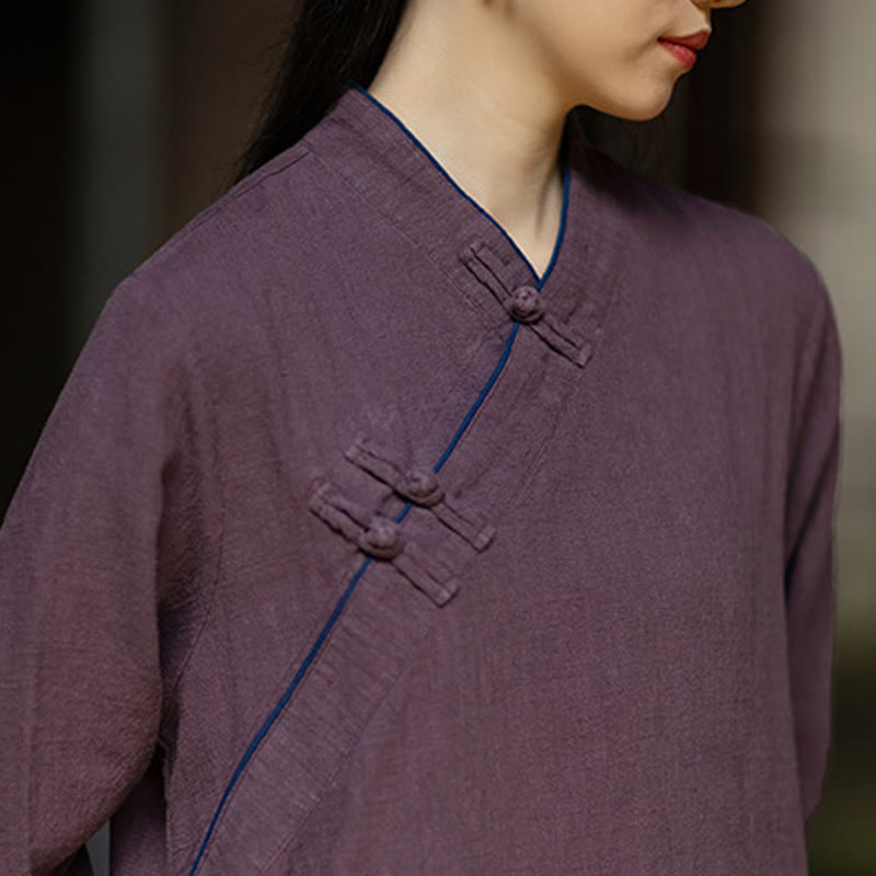 Vestido cheongsam midi de lino y ramio con mangas largas y botones de rana de Buddha Stones y bolsillos - image 21