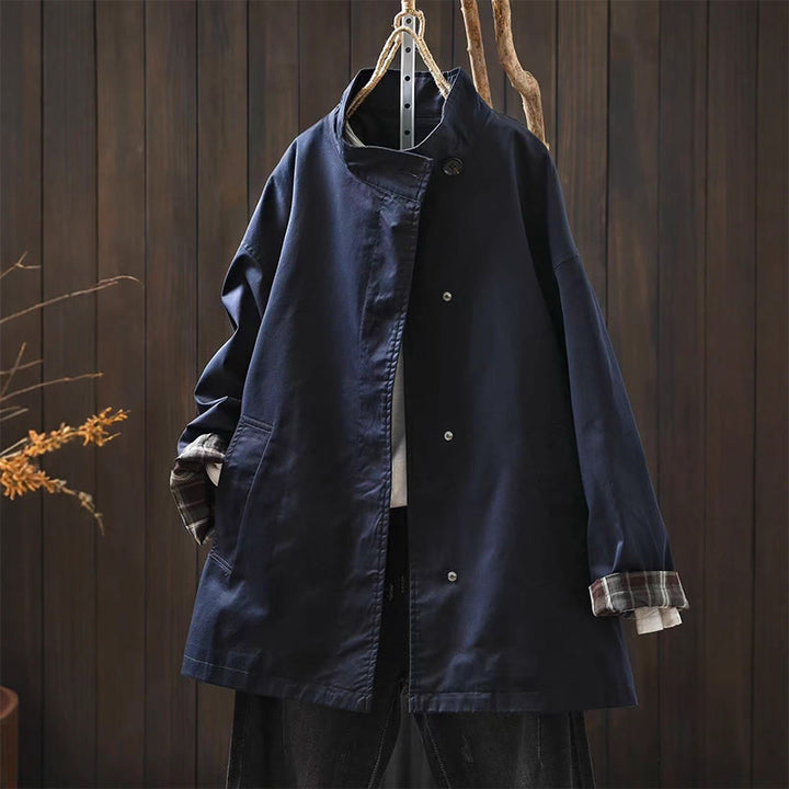 Chaqueta de algodón de manga larga y longitud media para mujer con botones de otoño y Buddha Stones y bolsillos - Azul acero - US4-6, UK/AU8-10, EU36-38 (F) - image 0