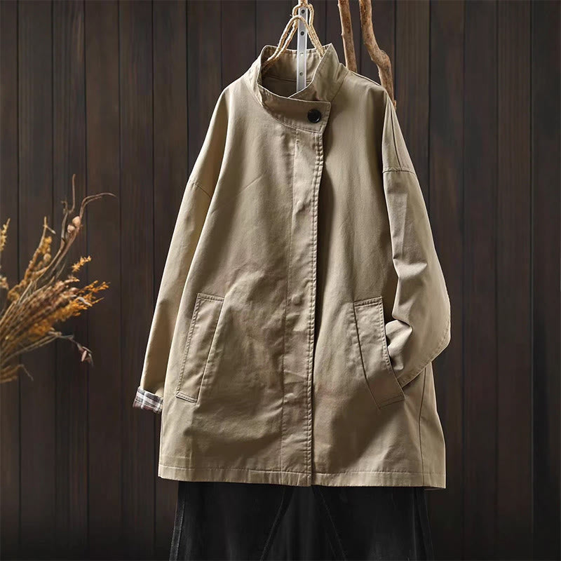 Chaqueta de algodón de manga larga y longitud media para mujer con botones de otoño y Buddha Stones y bolsillos - Trigo - US4-6, UK/AU8-10, EU36-38 (F) - image 2