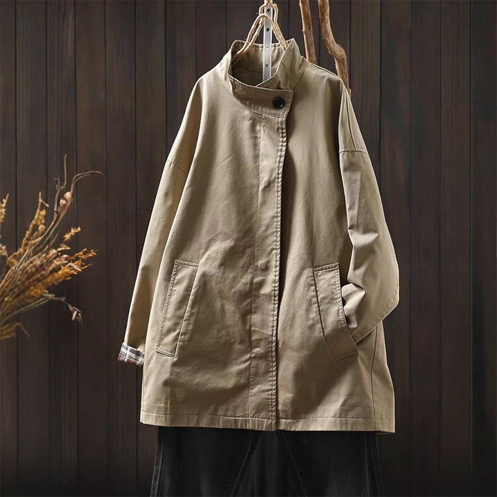 Chaqueta de algodón de manga larga y longitud media para mujer con botones de otoño y Buddha Stones y bolsillos - Trigo - US4-6, UK/AU8-10, EU36-38 (F) - image 2
