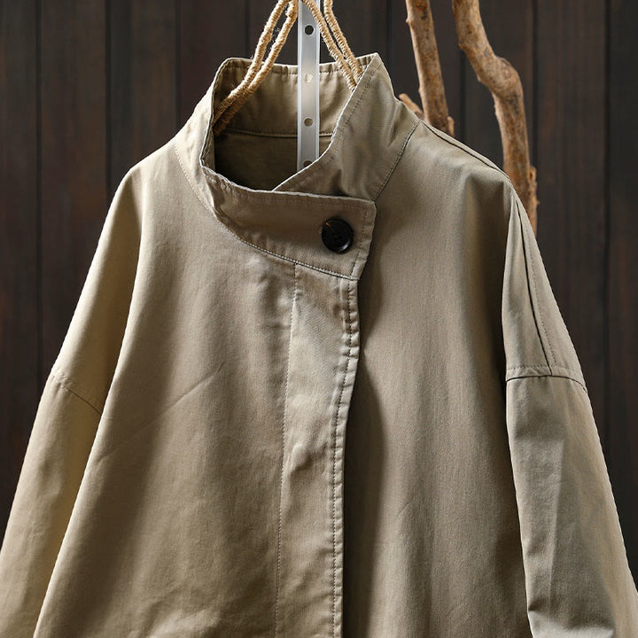 Chaqueta de algodón de manga larga y longitud media para mujer con botones de otoño y Buddha Stones y bolsillos - image 4