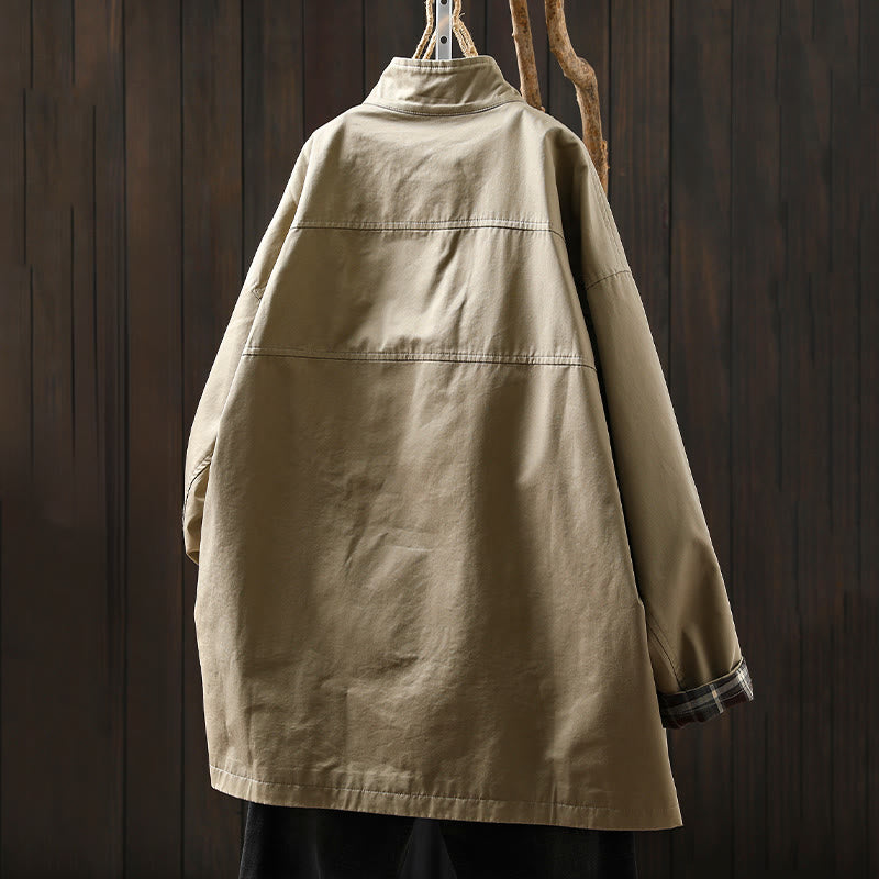 Chaqueta de algodón de manga larga y longitud media para mujer con botones de otoño y Buddha Stones y bolsillos - image 3