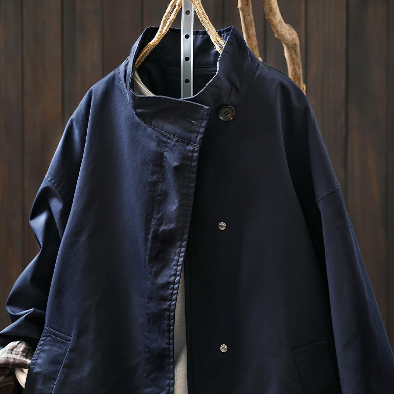 Chaqueta de algodón de manga larga y longitud media para mujer con botones de otoño y Buddha Stones y bolsillos - image 1