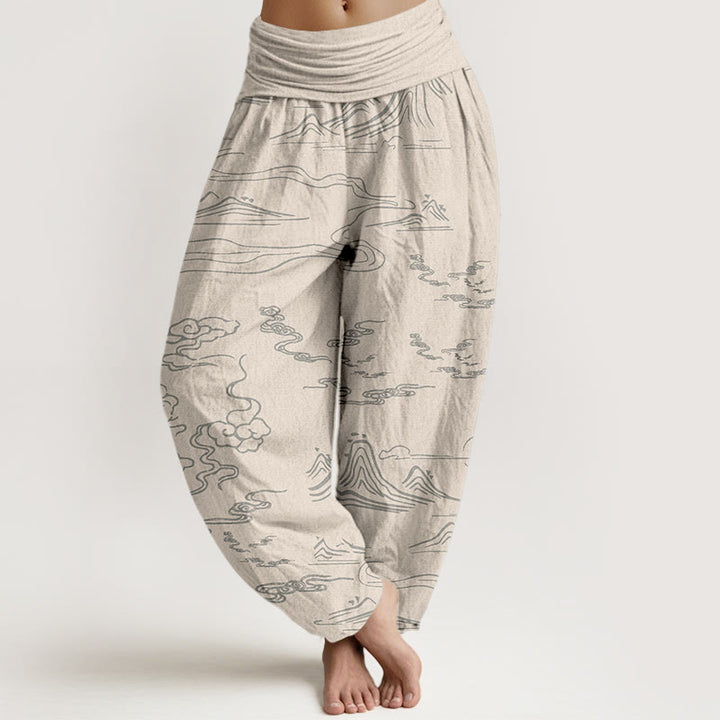 Pantalones bombachos de cintura elástica para mujer con estampado de Buddha Stones, montaña, luna y nubes auspiciosas. - Beige - US22，UK/AU26，EU54 (6XL) - image 7