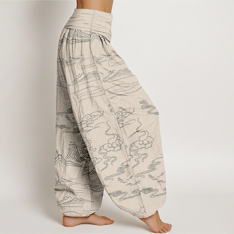 Pantalones bombachos de cintura elástica para mujer con estampado de Buddha Stones, montaña, luna y nubes auspiciosas. - image 8
