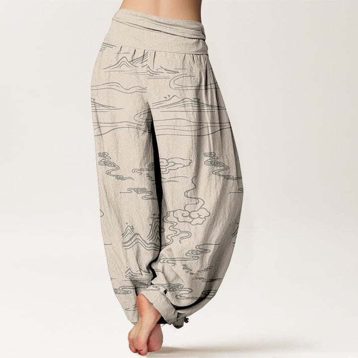 Pantalones bombachos de cintura elástica para mujer con estampado de Buddha Stones, montaña, luna y nubes auspiciosas. - image 9