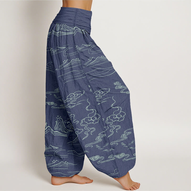 Pantalones harén de algodón puro con diseño de Buddha Stones, montaña, luna y nubes auspiciosas para mujer, con cintura elástica - image 7