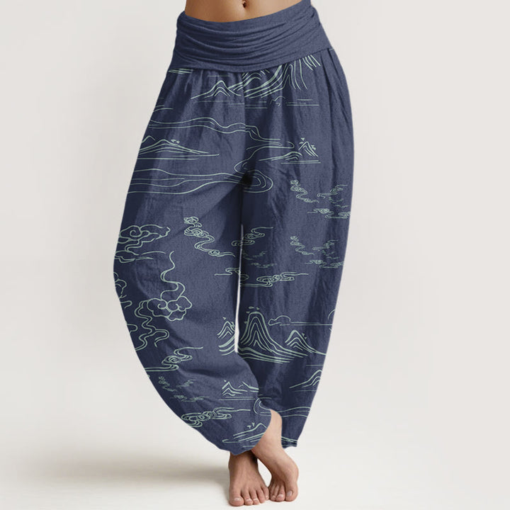 Pantalones harén de algodón puro con diseño de Buddha Stones, montaña, luna y nubes auspiciosas para mujer, con cintura elástica - Azul acero - US22，UK/AU26，EU54 (6XL) - image 5