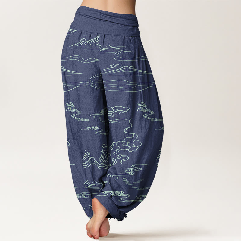 Pantalones harén de algodón puro con diseño de Buddha Stones, montaña, luna y nubes auspiciosas para mujer, con cintura elástica - image 6
