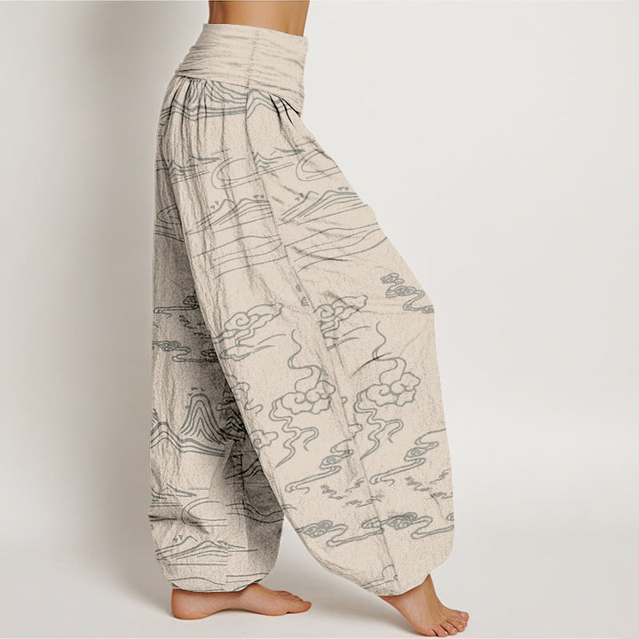 Pantalones harén de algodón puro con diseño de Buddha Stones, montaña, luna y nubes auspiciosas para mujer, con cintura elástica - image 10