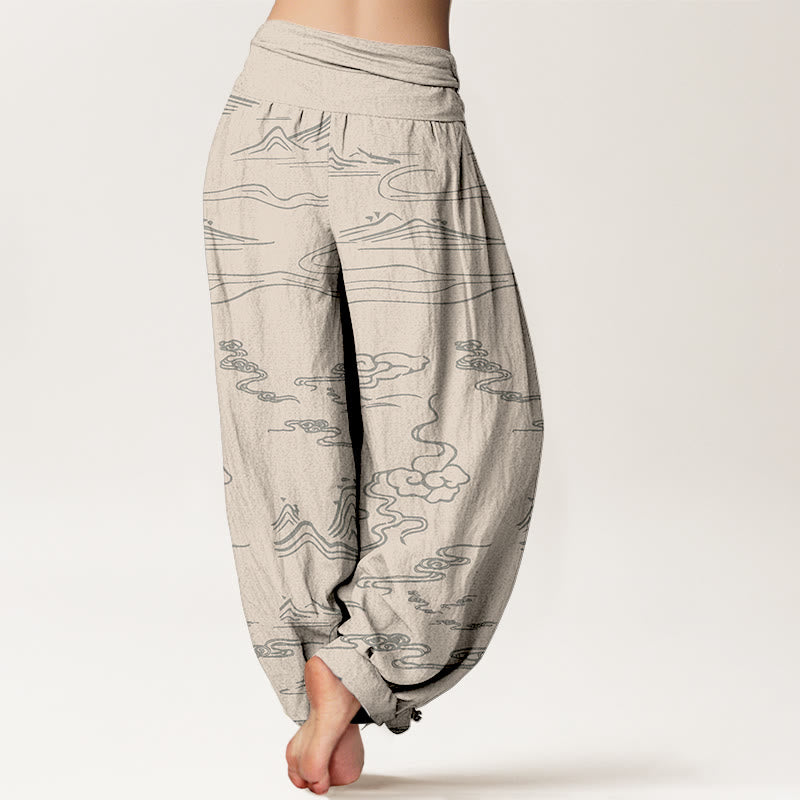 Pantalones harén de algodón puro con diseño de Buddha Stones, montaña, luna y nubes auspiciosas para mujer, con cintura elástica - image 9