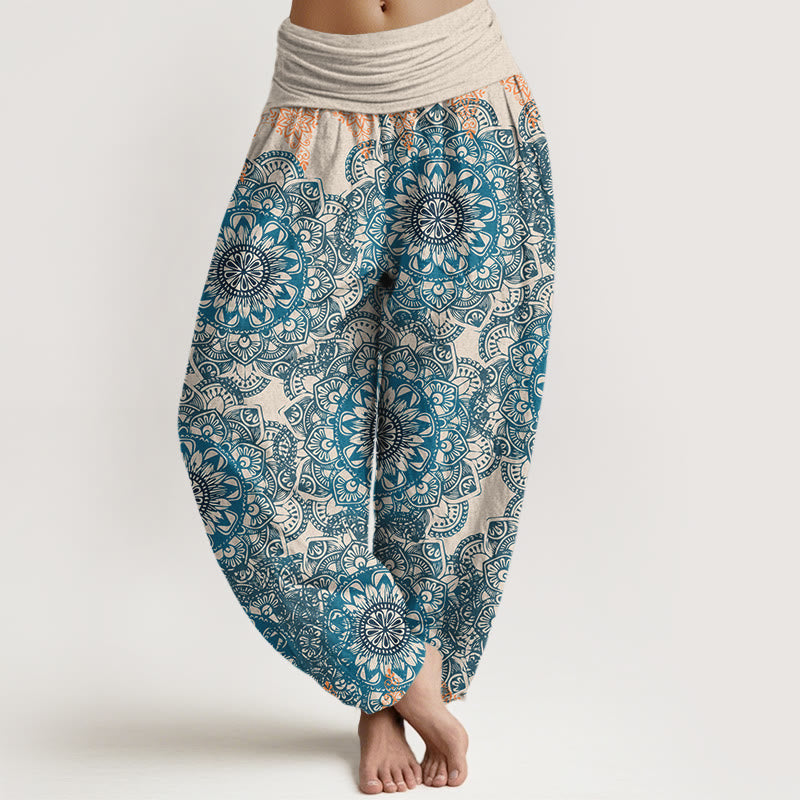 Pantalones bombachos de cintura elástica para mujer con estampado de mandalas triangulares de algodón y Buddha Stones - Beige - US22，UK/AU26，EU54 (6XL) - image 4