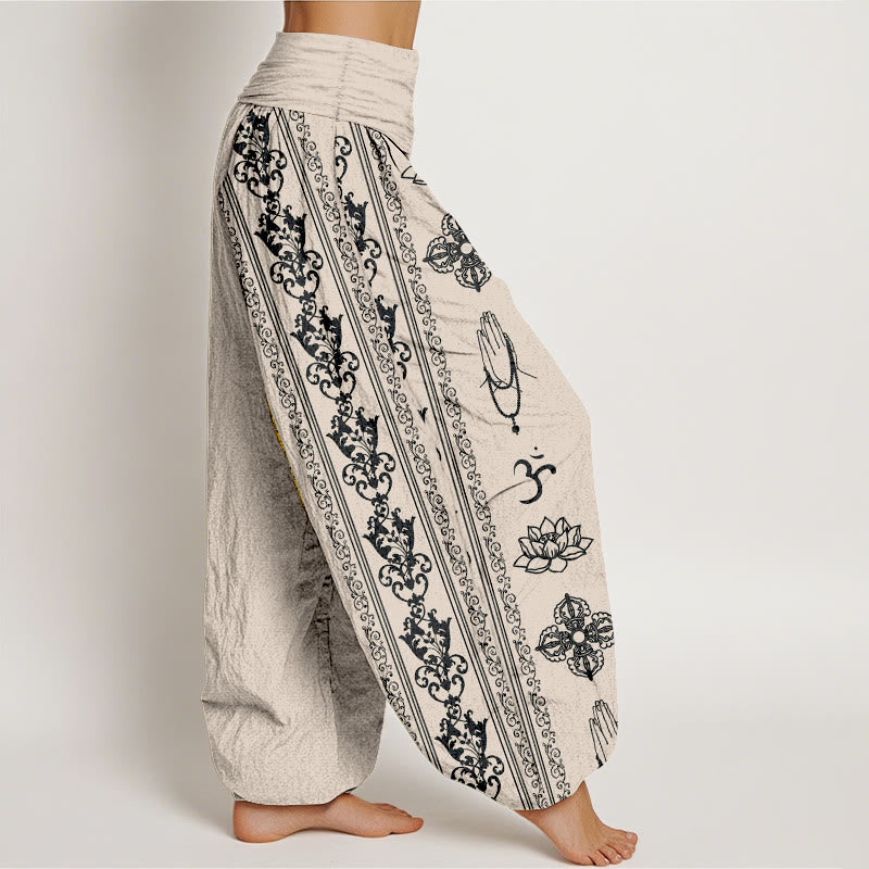 Pantalones Buddha Stones de algodón puro con diseño de flores de loto, doble dorje, vajra, Namaste y Om, con cintura elástica para mujer - image 13