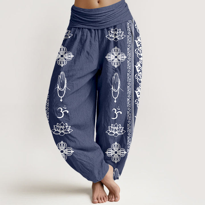 Pantalones Buddha Stones de algodón puro con diseño de flores de loto, doble dorje, vajra, Namaste y Om, con cintura elástica para mujer - Azul acero - US22，UK/AU26，EU54 (6XL) - image 14