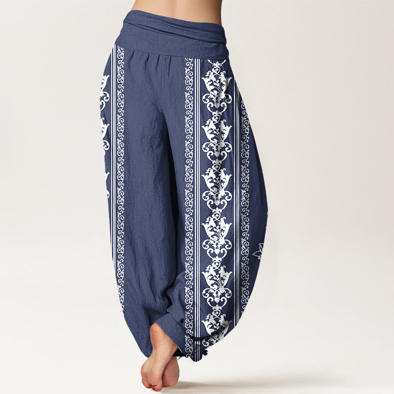 Pantalones bombachos de cintura elástica para mujer con diseño de flores de loto de algodón con Buddha Stones, doble dorje vajra namaste om. - image 15