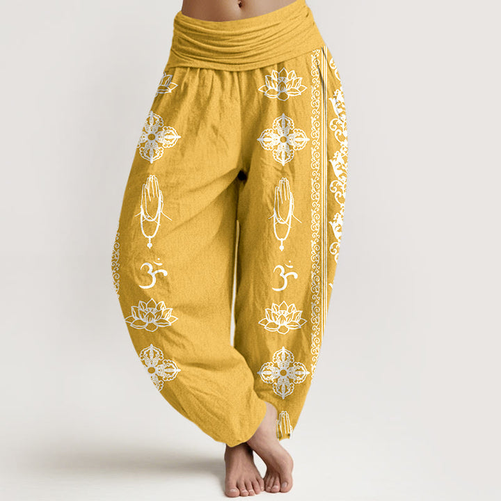 Pantalones bombachos de cintura elástica para mujer con diseño de flores de loto de algodón con Buddha Stones, doble dorje vajra namaste om. - Oro - US22，UK/AU26，EU54 (6XL) - image 17
