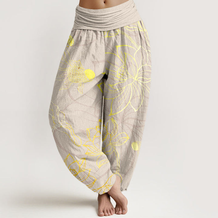 Pantalones bombachos de cintura elástica para mujer con estampado de hojas de loto, peces koi y piedras de Buddha Stones en algodón. - Beige - US22，UK/AU26，EU54 (6XL) - image 7