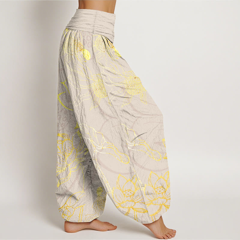 Pantalones bombachos de cintura elástica para mujer con estampado de hojas de loto, peces koi y piedras de Buddha Stones en algodón. - image 8