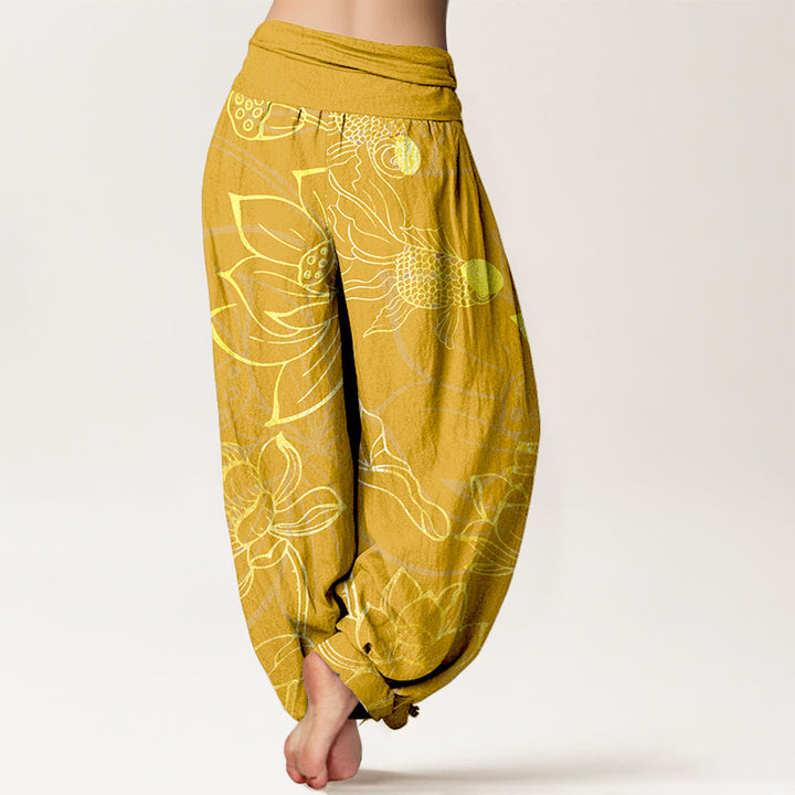 Pantalones bombachos de cintura elástica para mujer con estampado de hojas de loto, peces koi y piedras de Buddha Stones en algodón. - image 12