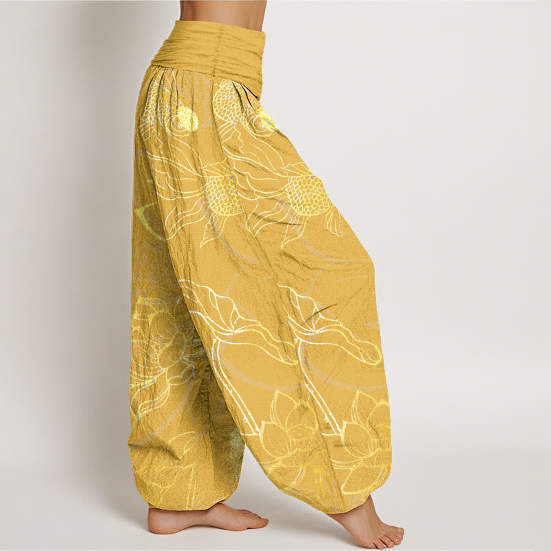 Pantalones bombachos de cintura elástica para mujer con estampado de hojas de loto, peces koi y piedras de Buddha Stones en algodón. - image 11